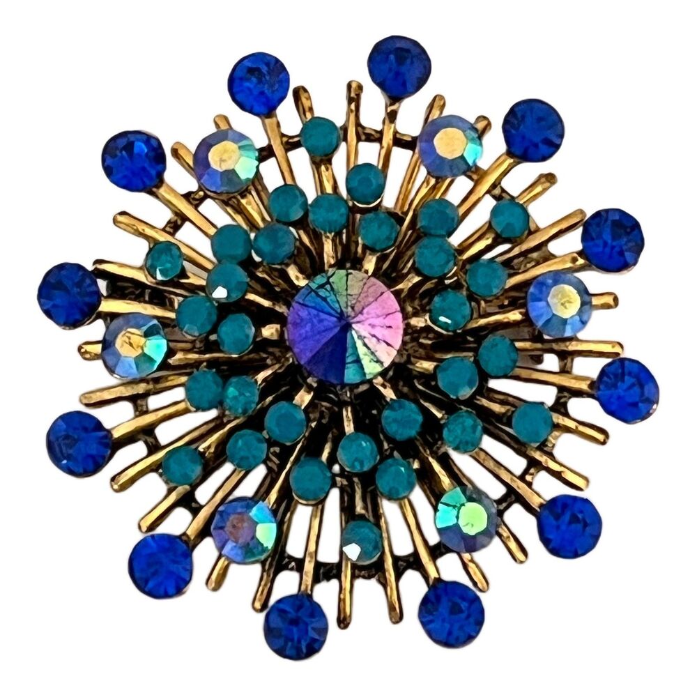 Vintage 1960s Blue Rhinestone Brooch Gold Tone Starburst Mid Century - 1K